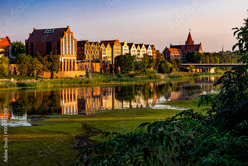 Old town in Malbork. Embankment of the Nogat river in autumn