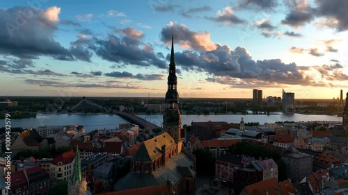 Aerial view of the Riga Old Town at sunset in Latvia.