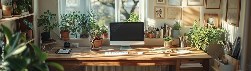 A serene workspace featuring a computer surrounded by lush indoor plants and natural light, perfect for inspiration and productivity. A serene workspace featuring a computer surrounded by lush indoor plants and natural light, perfect for inspiration and productivity.