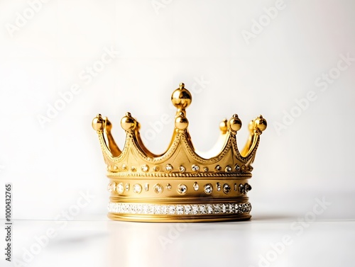 Elegant gold crown adorned with diamonds, floating against a plain white background, symbolizing royalty, luxury, and prestige.