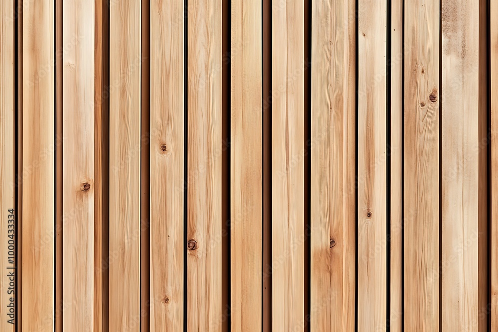Fototapeta premium Wall made of wooden panels. Vertical wooden slats for facade cladding. Timber stripes made of beige pine. A modern plank surface for interior and exterior design. 
