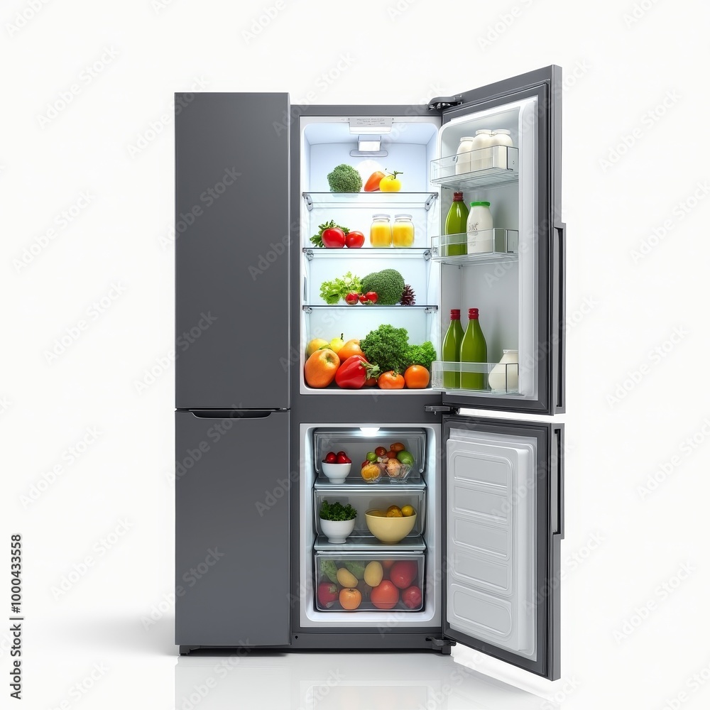 A clean and organized open refrigerator filled with fresh vegetables and fruits, showcasing a healthy selection of food in a bright kitchen setting A clean and organized open refrigerator filled with fresh vegetables and fruits, showcasing a healthy selection of food in a bright kitchen setting