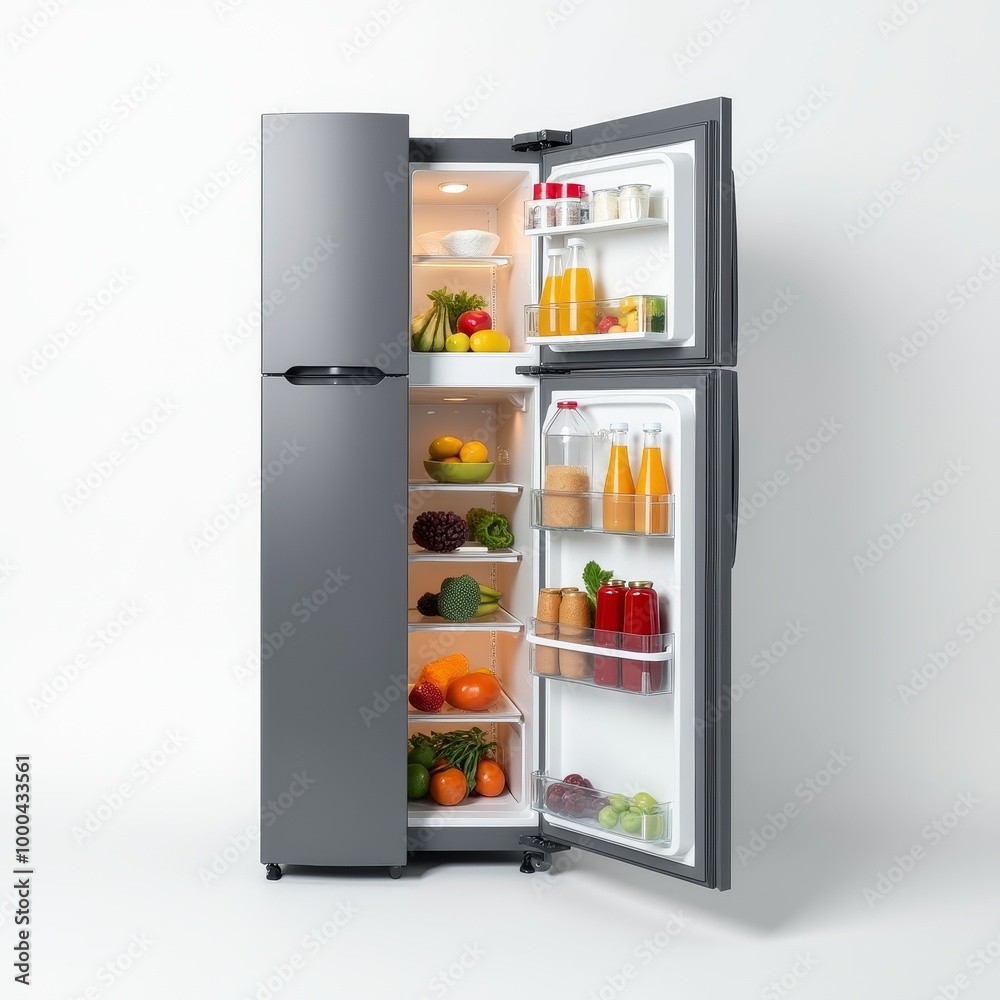 A clean and organized open refrigerator filled with fresh vegetables and fruits, showcasing a healthy selection of food in a bright kitchen setting A clean and organized open refrigerator filled with fresh vegetables and fruits, showcasing a healthy selection of food in a bright kitchen setting