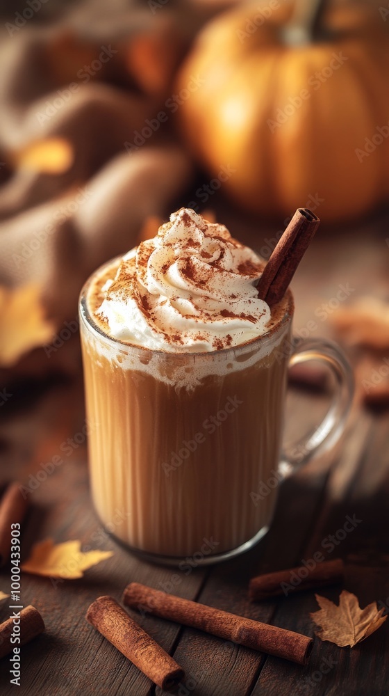 Pumpkin spice latte with whipped cream and cinnamon sticks, autumn beverage concept Pumpkin spice latte with whipped cream and cinnamon sticks, autumn beverage concept