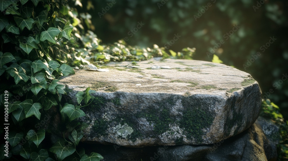 Fototapeta premium Moss covered stone podium with ivy in natural setting, serene nature scene