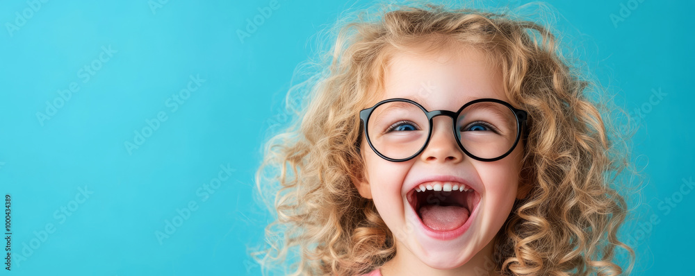 Smiling child with curly hair and glasses against blue background, joyful expression. Happiness and childhood innocence concept