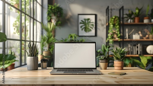 Realistic laptop mockup with a blank white screen, minimalistic design on a neutral background, perfect for presentations, web design, and branding concepts.