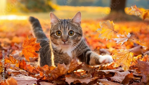  秋の紅葉の中、枯葉の山で遊ぶ猫。落ち葉に浮かんだり、葉っぱを前足で転がしている姿は、秋の風景と猫の楽しさが調和している