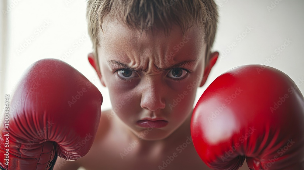 Young boy with red boxing gloves, intense expression. Childhood sports and determination concept Young boy with red boxing gloves, intense expression. Childhood sports and determination concept