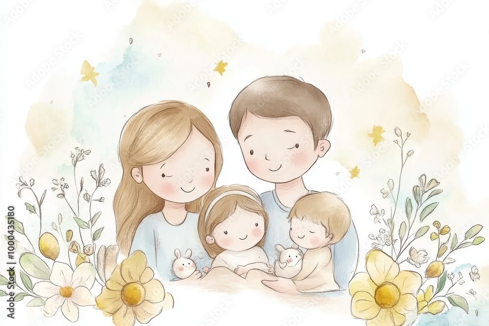 Soft pastel illustration of parents embracing their two children in a cozy floral setting evoking warmth care and family love in a peaceful holiday moment Soft pastel illustration of parents embracing their two children in a cozy floral setting evoking warmth care and family love in a peaceful holiday moment