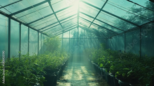 Depict a self-repairing agricultural greenhouse, where tears and punctures in the structure are sealed automatically, optimizing growing conditions and minimizing 