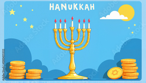 Hanukkah celebration with a menorah and gelt coins on a bright blue background photo