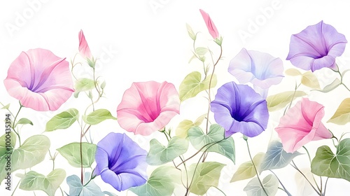 Delicate watercolor morning glories in pinks and purples, with lush green leaves, against a white background.