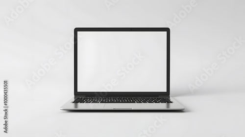 Realistic laptop mockup with a blank white screen, minimalistic design on a neutral background, perfect for presentations, web design, and branding concepts.