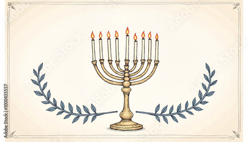 Hanukkah menorah illustration surrounded by olive branches on a textured background
