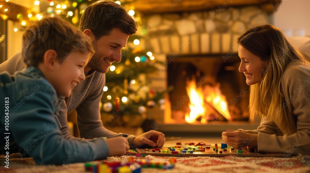 A cozy family moment with parents and their child enjoying a board game by the fireplace, surrounded by festive Christmas decorations and warm lighting. The atmosphere is relaxed and joyful.