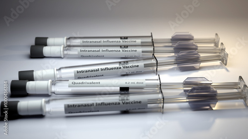 3d render of a collection of intranasal flu vaccine syringes.