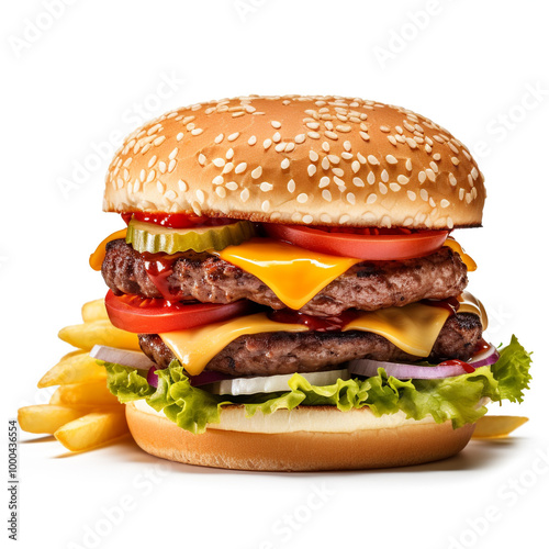 A tasty hamburger with fries, fast food