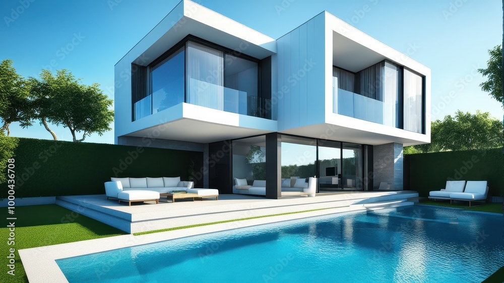 Fototapeta premium Modern house with a pool and landscaped garden under a clear blue sky.