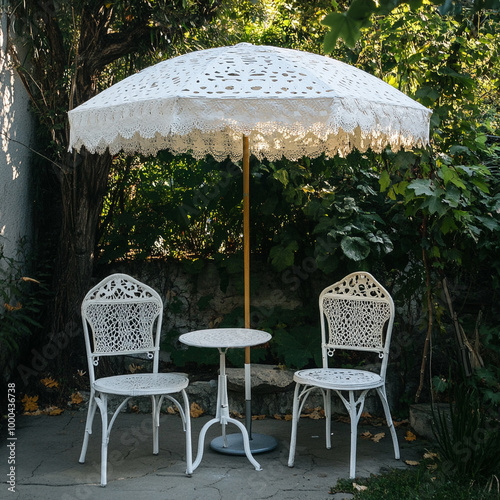 A parasol and two chairs with comfortable and cozy weekend afternoon. 1:1 ratio