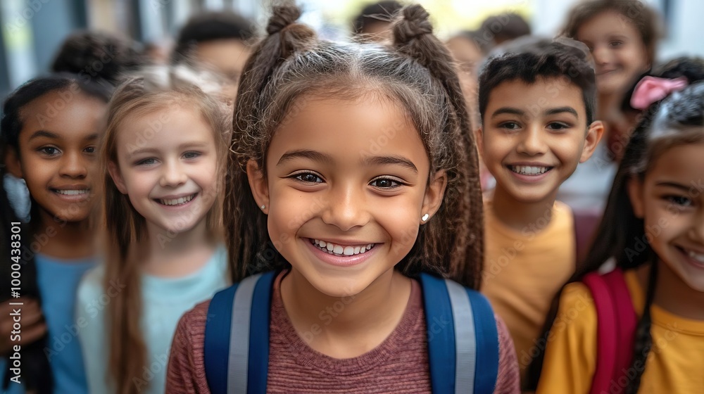A cheerful girl with braids smiles brightly among friends, showcasing happiness and the joy of childhood in a school setting. A cheerful girl with braids smiles brightly among friends, showcasing happiness and the joy of childhood in a school setting.