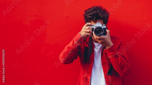 A photographer wearing a red jacket is seen holding a camera in front of a bold red wall. The vivid color contrasts with the subject, drawing attention to the act of photography, ideal for creative or