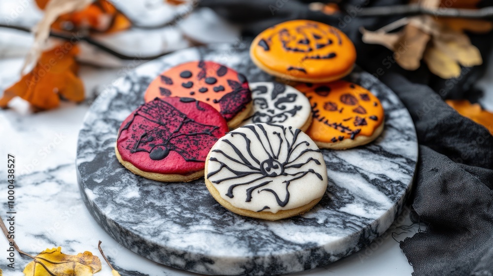 Festive autumn cookies with Halloween designs on a marble plate Festive autumn cookies with Halloween designs on a marble plate