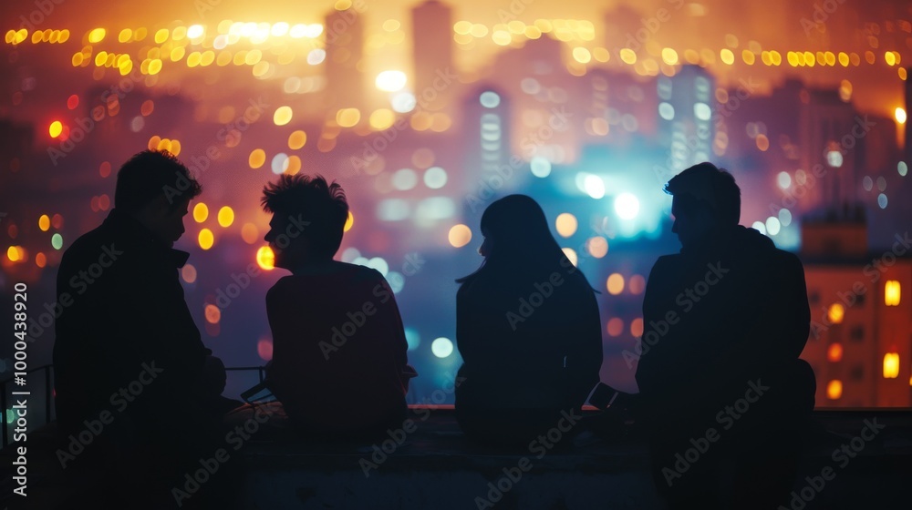 Fototapeta premium Silhouetted figures of four friends sit on a rooftop, engaged in conversation, as the glowing city lights twinkle in the background. The nighttime setting and bokeh effect create a calm, reflective