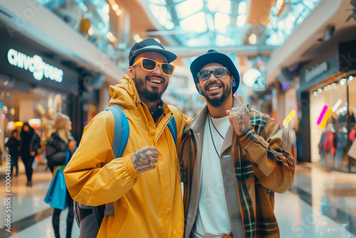 Gay Couple Shopping with Joy and Excitement for Black Friday Deals in Mall Holding Colorful Bags and Celebrating Discounts