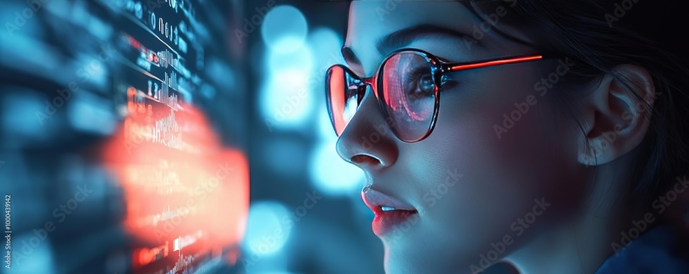 A focused woman analyzes digital data on a screen, highlighting the intersection of technology and human intelligence. A focused woman analyzes digital data on a screen, highlighting the intersection of technology and human intelligence.