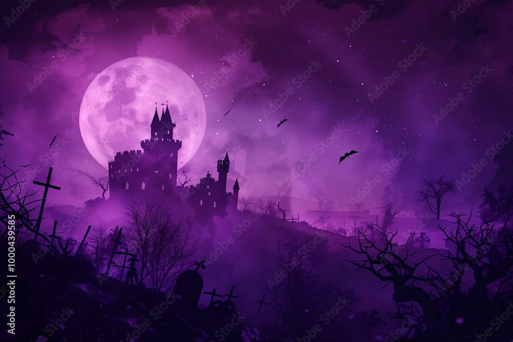 Spooky purple Halloween background, witch castle, graveyard, moon, jack-o-lantern, and pumpkins with a copy space. High quality photo Spooky purple Halloween background, witch castle, graveyard, moon, jack-o-lantern, and pumpkins with a copy space. High quality photo