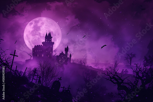 Spooky purple Halloween background, witch castle, graveyard, moon, jack-o-lantern, and pumpkins with a copy space. High quality photo