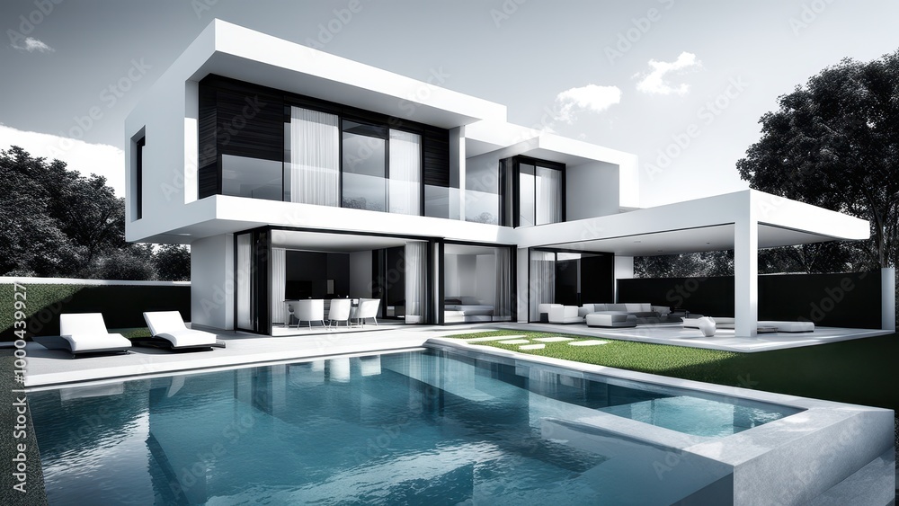 Modern villa with a pool and outdoor seating, showcasing contemporary architecture. Modern villa with a pool and outdoor seating, showcasing contemporary architecture.
