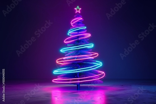 Stylish vibrant neon Christmas tree with colorful lights in a sleek, dark environment with copy space for text