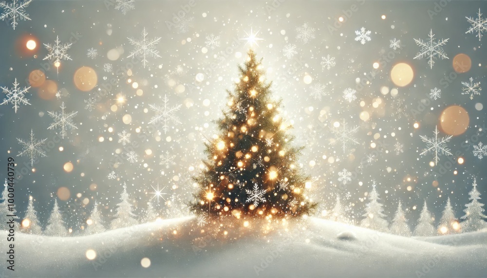 Schlicht geschmückter Weihnachtsbaum umgeben von dezenten Lichtern und Kugeln, vor einem hellen, schneebedeckten Hintergrund. Generative KI. Schlicht geschmückter Weihnachtsbaum umgeben von dezenten Lichtern und Kugeln, vor einem hellen, schneebedeckten Hintergrund. Generative KI.