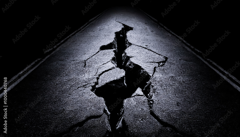 Fototapeta premium Cracked, shattered road, asphalt, crack, destruction, cracking, disaster, earthquake, black background, design
