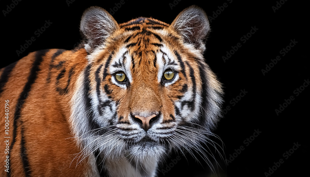 Naklejka premium tiger, face, front, animal, staring, fur, cute, black background