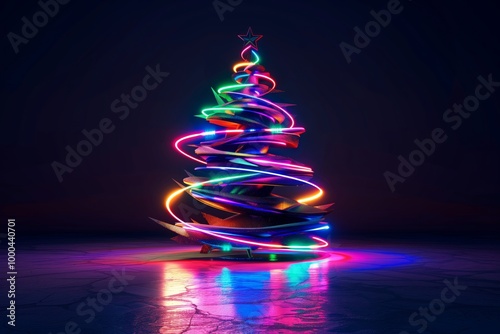 Stylish vibrant neon Christmas tree with colorful lights in a sleek, dark environment with copy space for text