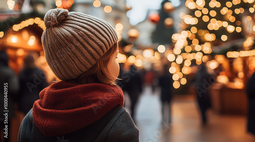 Fototapeta Naklejka Na Ścianę i Meble -  the little toddler is walking in the christmas market fair at night have sparkling eyes by the excitement 
