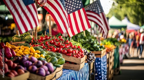 Patriotic Farmers Market: Fresh Produce Stalls with American Flag Decorations