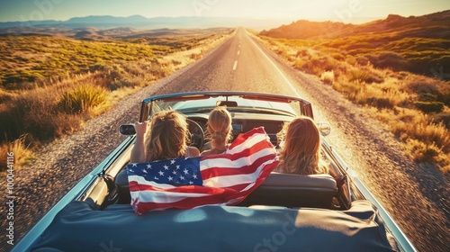 Freedom on the Road: Friends Enjoying a Convertible Road Trip with American Flag Scarf Blowing in the Wind