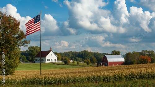 Rustic Charm: Scenic Farm with Red Barn, White Farmhouse, and Proud American Flag Topping Flagpole