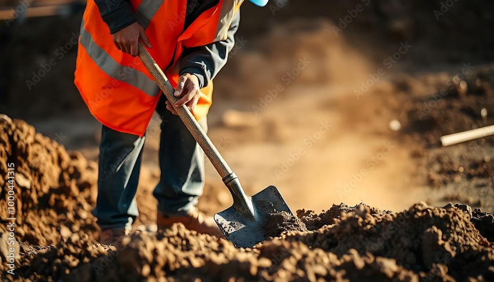Worker with shovel on a road construction site, construction worker in ...