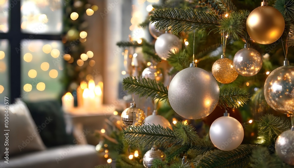 An enchanting holiday tree adorned with elegant silver and gold baubles twinkling softly beside a warm glow of candles in a cozy living room. Generative AI An enchanting holiday tree adorned with elegant silver and gold baubles twinkling softly beside a warm glow of candles in a cozy living room. Generative AI