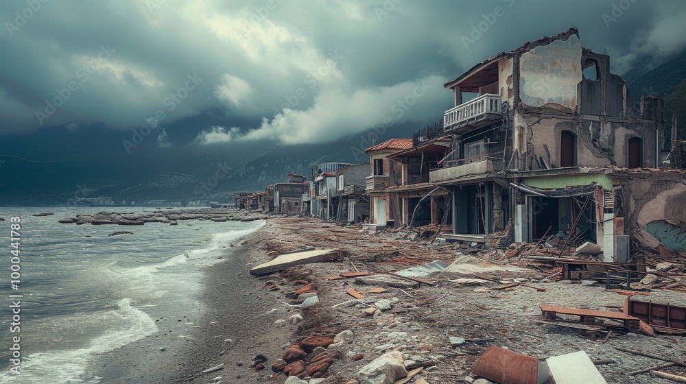 A haunting scene of an abandoned seaside town, with crumbling buildings