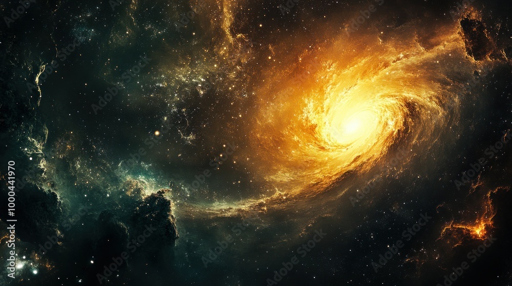 Obraz premium A Golden Spiral Galaxy Surrounded by Stars and Nebulae