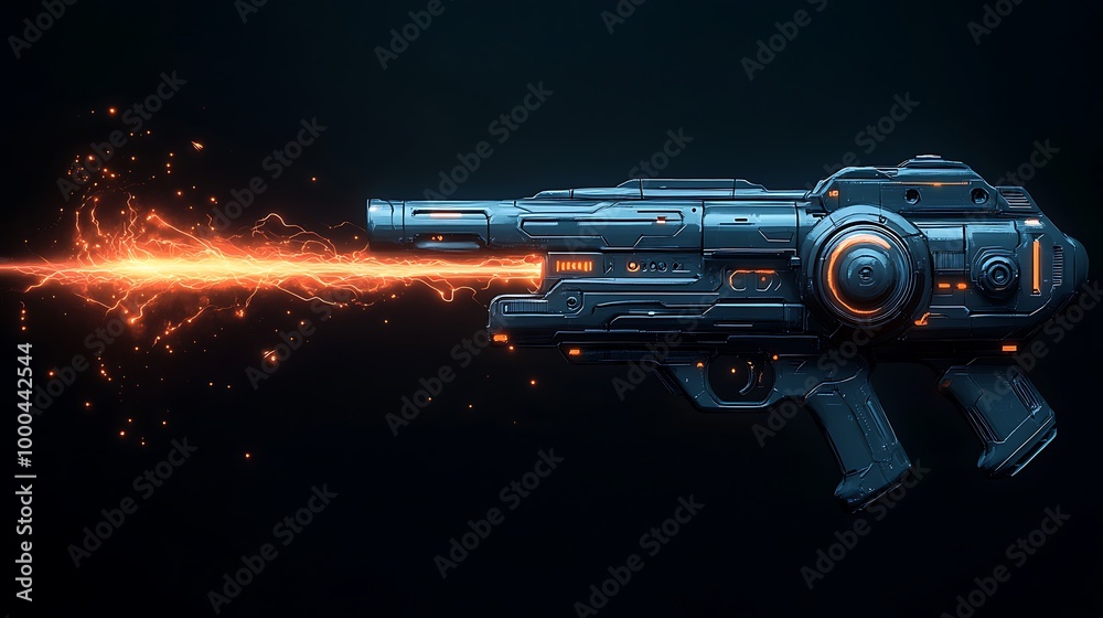 Futuristic Sci Fi Laser Gun Weapon Firing Energy Beam on Dark Background Futuristic Sci Fi Laser Gun Weapon Firing Energy Beam on Dark Background