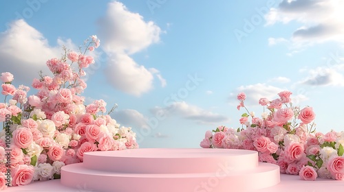 Fototapeta Naklejka Na Ścianę i Meble -  A pink podium surrounded by pink roses against a blue sky with clouds.
