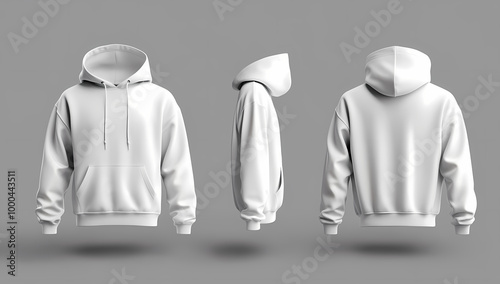 3D realistic white hoodie, front view, side, and back views on a grey background for mockup design