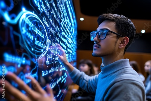 Futuristic holographic whiteboard in a classroom, with lessons being written in glowing, floating text as students interact with the material in a high-tech learning environment